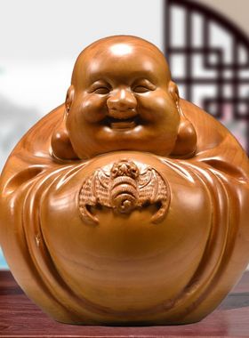 定制花梨木实木雕大肚弥勒摆件佛像蝙蝠客厅饰品大肚笑佛福在眼前