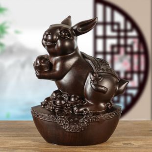 黑檀木卯兔实木雕刻十二生肖摆件元宝兔子家居木雕红木工艺品礼品