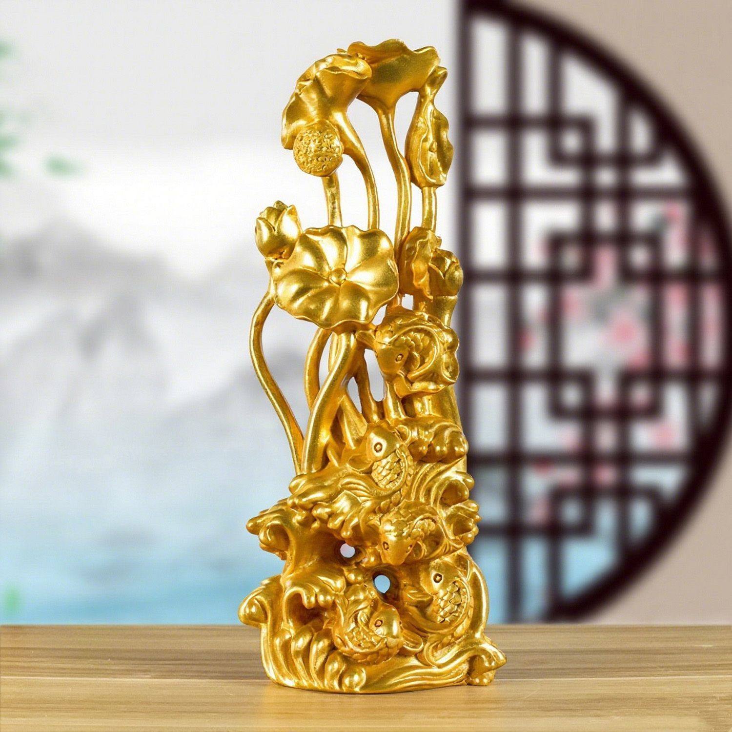 金色实木雕刻年年有鱼摆件木头雕刻荷花鲤鱼中式客厅送礼工艺定制