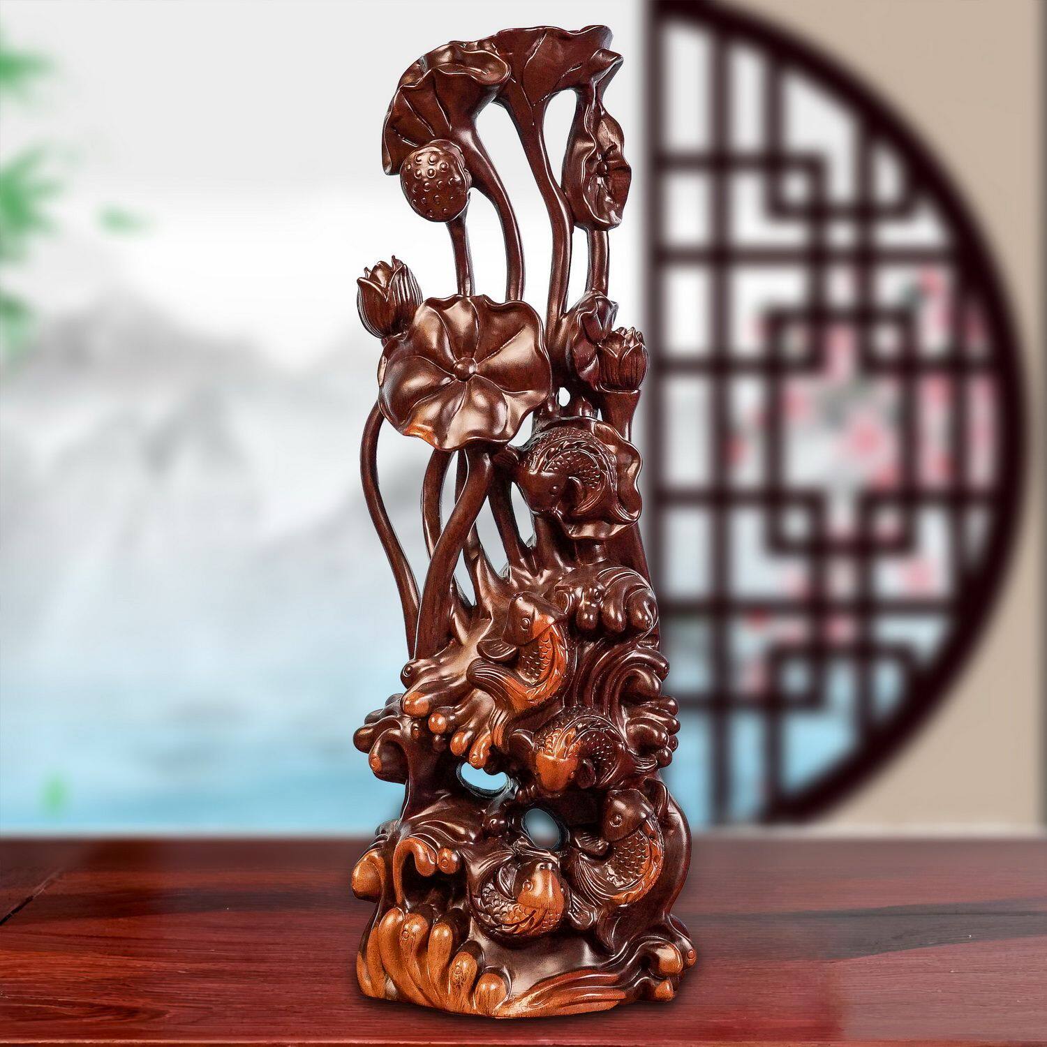 黑檀木雕刻年年有鱼摆件木头雕刻荷花鲤鱼中式客厅送礼工艺品定制