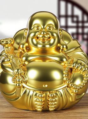 金色实木雕大肚弥勒实木摆件客厅装饰实木质大肚笑佛一团和气定制