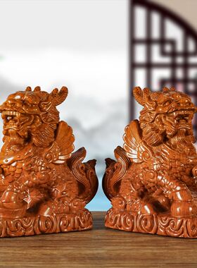 花梨木麒麟摆件木质家用客厅装饰品实头雕刻火麒麟工艺品乔迁送礼