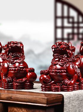 红色貔貅摆件实木公母皮丘工艺礼品木头雕刻家居店铺装饰开业送礼