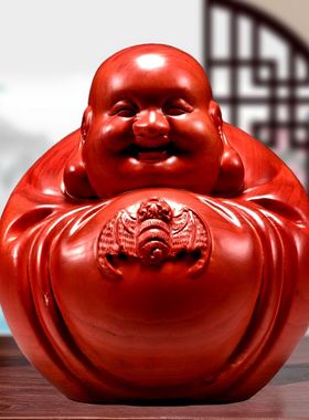 红花梨实木雕大肚弥勒摆件佛像蝙蝠客厅饰品定制大肚笑佛福在眼前