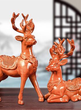 实木梅花鹿手工精雕精品一对鹿家居饰品风木雕摆件水新房乔迁送礼
