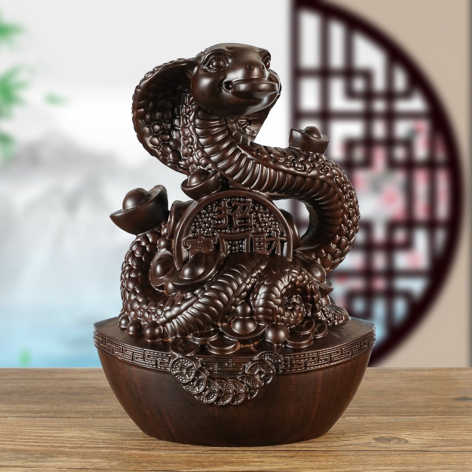 黑檀木已蛇实木雕刻十二生肖摆件元宝蛇家居木雕红木工艺品送礼品