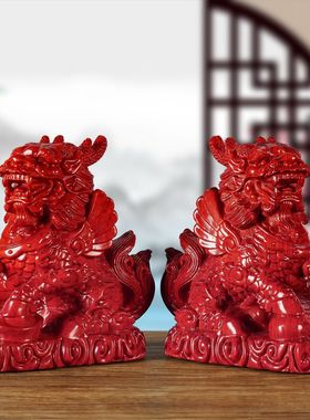 红花梨木麒麟摆件木质客厅装饰品实头雕刻红火麒麟工艺品乔迁送礼