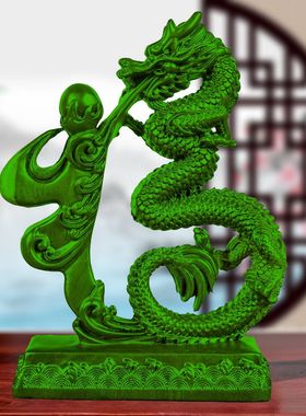 花梨木风水用绿色福龙摆件实木生肖龙家居客厅办公室装饰摆设开业