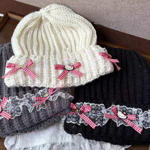 冬季 卡通蝴蝶结蕾丝边毛线针织帽甜美少女心百搭学生防寒保暖 新款