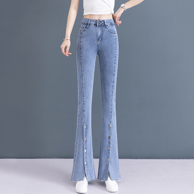 开叉牛仔微喇裤女秋冬2022新款高腰显瘦阔腿裤加绒加厚鱼尾喇叭裤