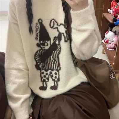 慵懒高级感奶fufu白色水貂绒毛衣女秋冬加厚软糯马海毛针织衫上衣