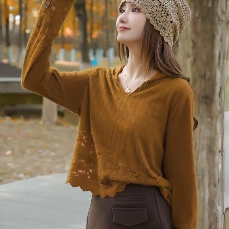 韩系时尚减龄蕾丝镂空连帽针织衫女秋冬巨好看叠穿内搭打底上衣