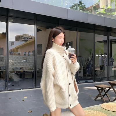 慵懒风软糯加厚保暖高领毛衣外套女秋冬中长款宽松单排扣针织开衫