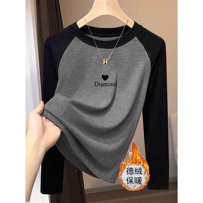 德绒磨毛拼色正肩圆领长袖t恤女加厚款保暖打底衫上衣2025秋冬季