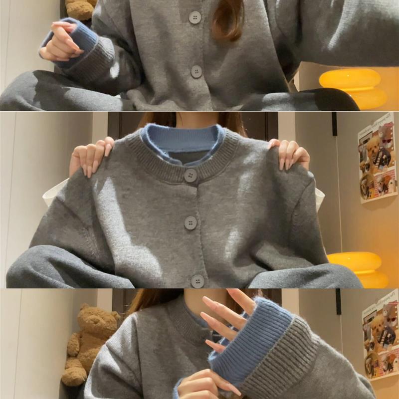 2025新款早秋季慵懒韩系穿搭灰色假两件针织衫毛衣开衫外套上衣女