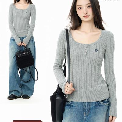 iiiamX灰色方领长袖针织衫女秋冬内搭修身毛衣上衣打底衫2025新款