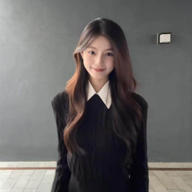 黑色假两件麻花毛衣针织衫女秋冬学院风上衣短款设计感衬衫领毛衣