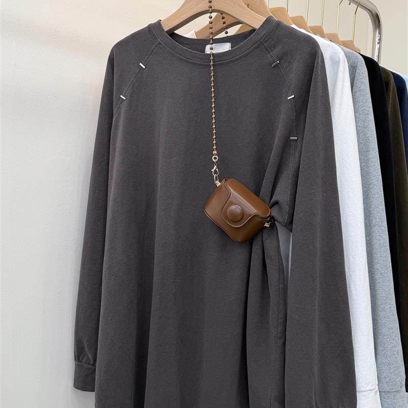 中长款休闲慵懒风长袖T恤女2025新款设计感宽松打底衫遮屁股上衣