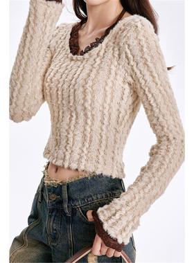 LINFANGING 纯欲蕾丝拼接挂脖纯色毛衣女秋冬新款修身高级针织衫