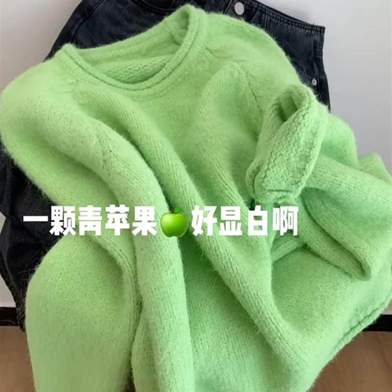 自留款~慵懒风绿色圆领套头针织衫女秋冬新款巨好看显白毛衣