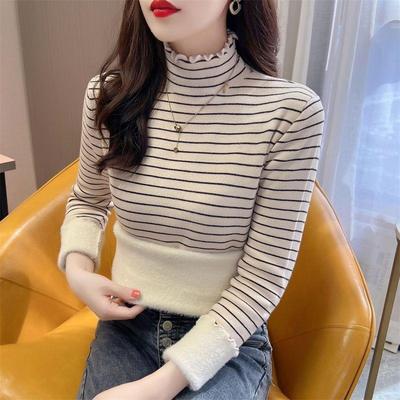 一体绒条纹女士毛衣女2025秋冬新款加绒加厚半高领针织打底衫内搭