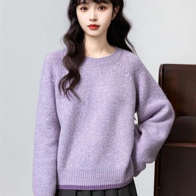 紫色圆领套头毛衣女2025秋冬新款宽松百搭软糯加厚针织衫内搭上衣
