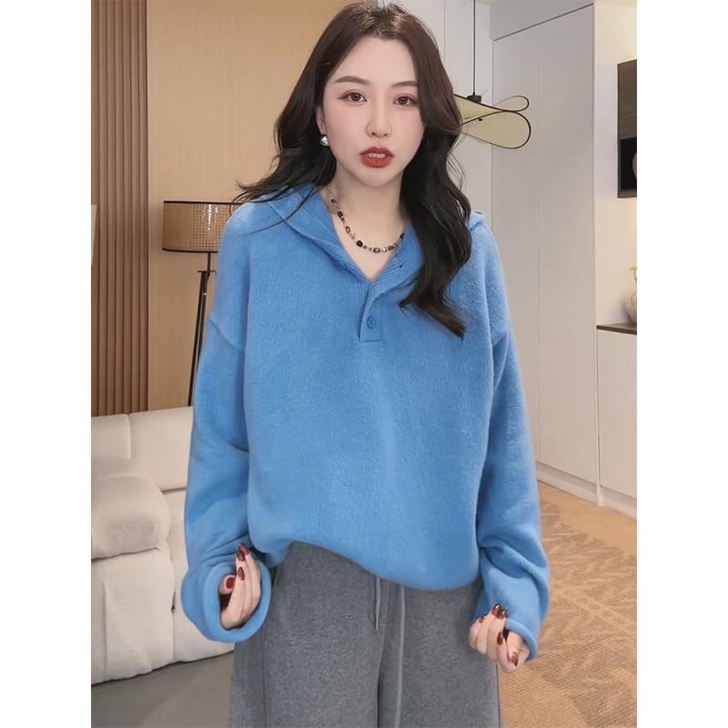 蓝色连帽针织衫女士春季毛衣内搭打底衫2025新款慵懒洋气长袖上衣