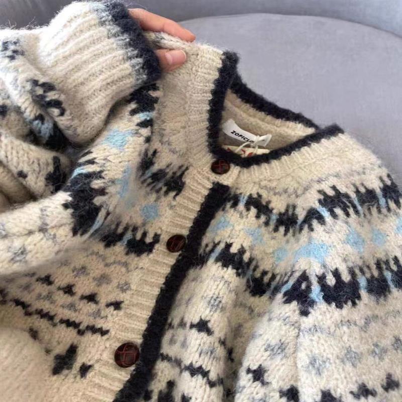 秋冬加厚高级感复古提花圆领针织开衫女慵懒风费尔岛毛衣外套上衣