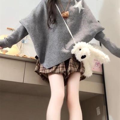 灰色高领斗篷上衣女新款设计感小众慵懒风不规则长袖针织衫毛衣女