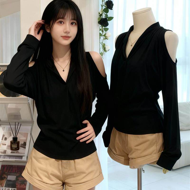 BONBONS EN 纯欲V领露肩长袖t恤女秋冬款黑色修身打底衫内搭上衣