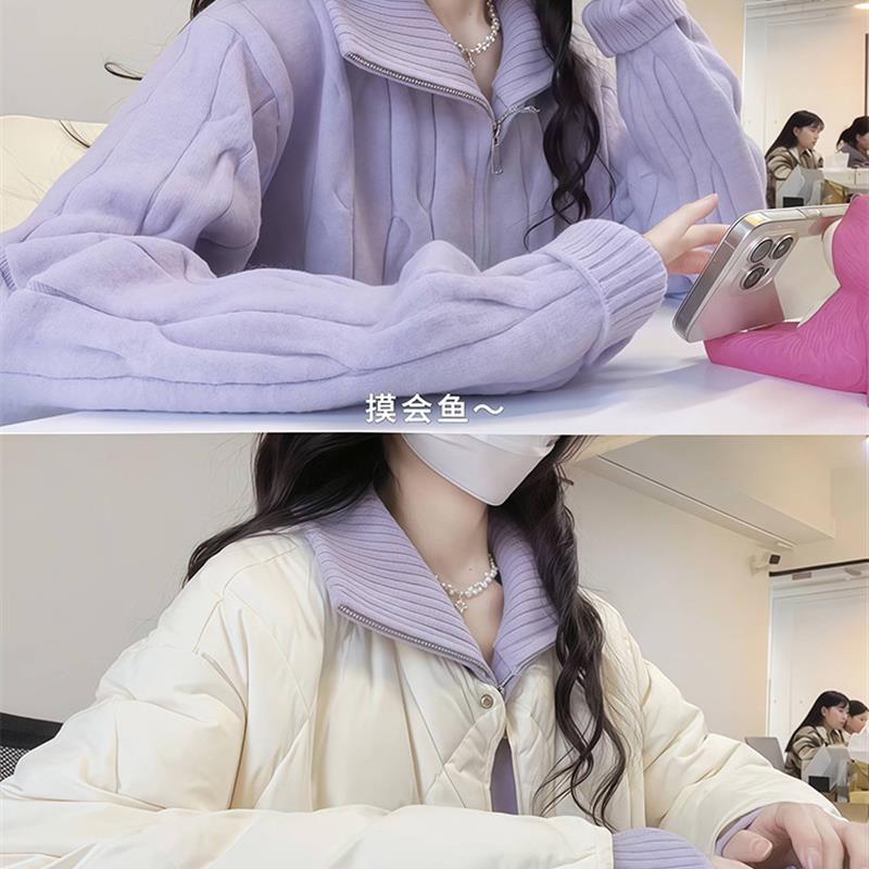 温柔奶fufu叠穿高领拉炼毛衣开衫女秋冬加厚麻花针织上衣慵懒外套