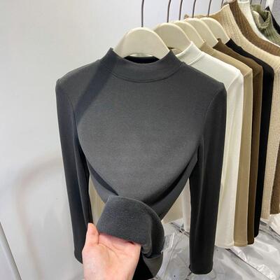 黑色小立领加绒打底衫女秋冬2025新款内搭洋气显瘦加厚软糯上衣