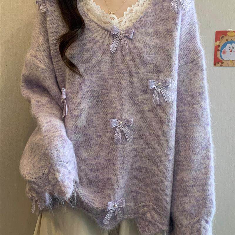 紫色花边V领蝴蝶结针织衫毛衣女2025新款秋冬胖mm软糯巨好看上衣