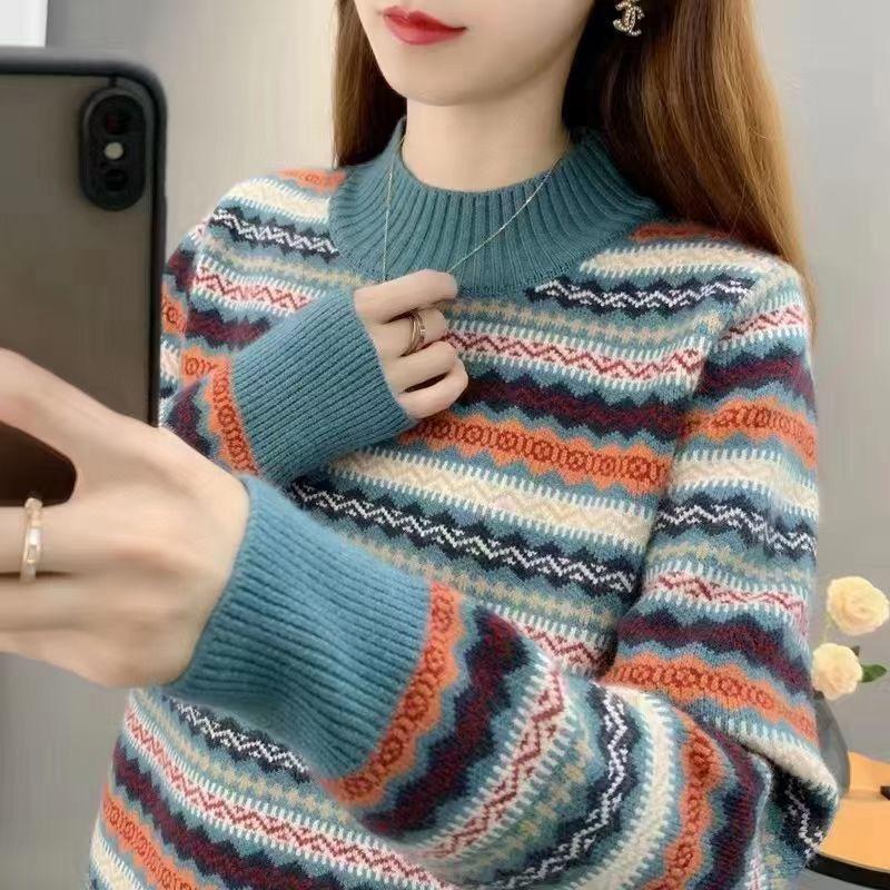 加厚半高领毛衣女2024秋冬新款条纹民族风针织提花打底衫毛衣上衣
