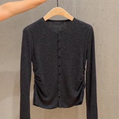 韩系设计感小众别致深灰色上衣女早春高级感长袖内搭打底针织开衫