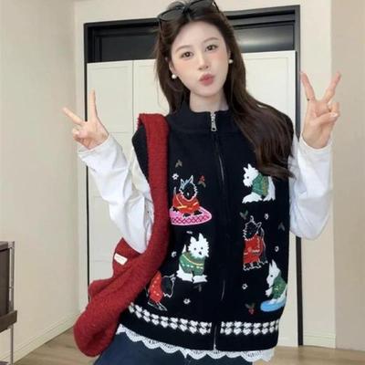 韩系覆古小狗刺绣黑色针织马甲女春秋设计感宽松加厚坎肩背心外套