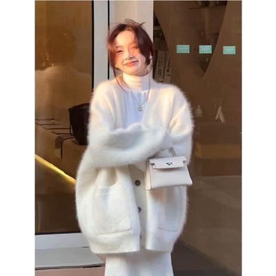 韩版水貂绒开衫女春秋新款慵懒风软糯加厚毛衣中长款宽松针织外套