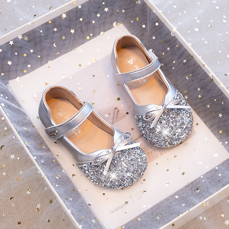 真皮公主鞋女童艾莎鞋银色水晶鞋