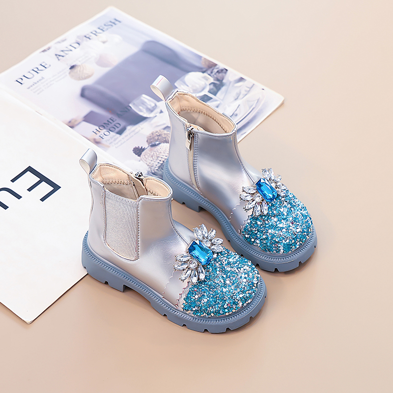 真皮女童靴子爱莎公主水晶靴闪亮