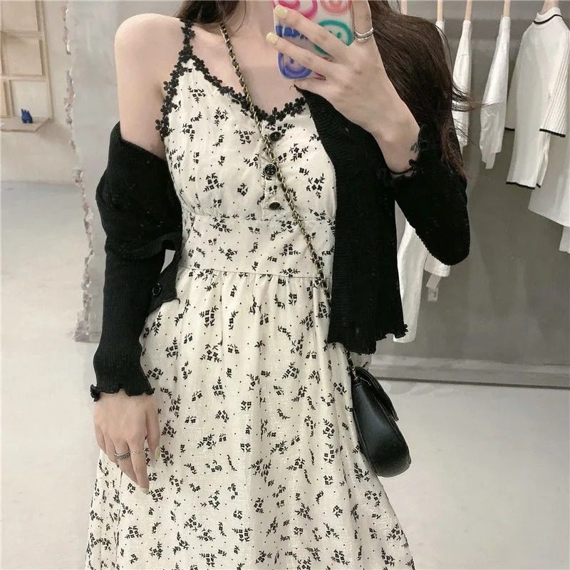 2023新款春夏大码女装胖妹妹碎花吊带连衣裙针织两件套气质温柔裙