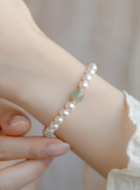 温柔质感天然强光5A珍珠手链天然珍珠和田玉手串复古高级感