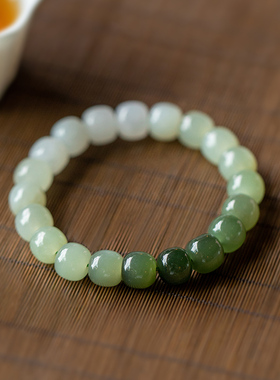 【秋冬特惠】天然和田玉青白玉手串女单圈渐变色桶珠手链玉石玉珠