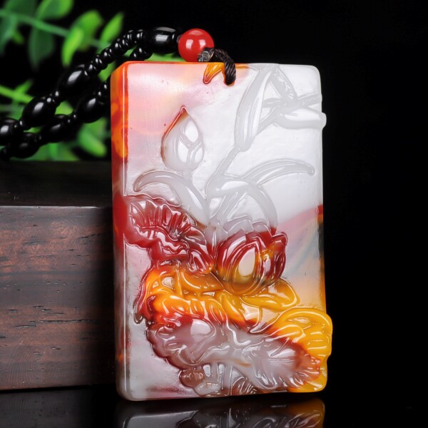 新疆和田玉富贵花吊坠女款和田玉彩玉花开富贵玉石毛衣链玉石项链