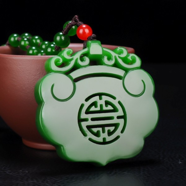 天然和田玉碧玉双喜吊坠中国风古典吉祥喜气洋洋碧玉平安锁挂件