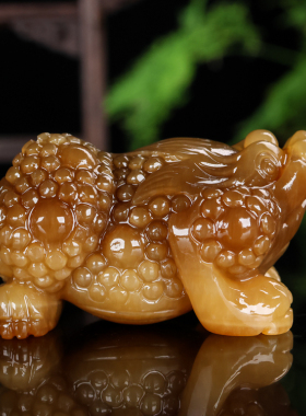 天然和田玉糖料金蟾手把件新疆玉器招财三足金蟾把玩件小摆件