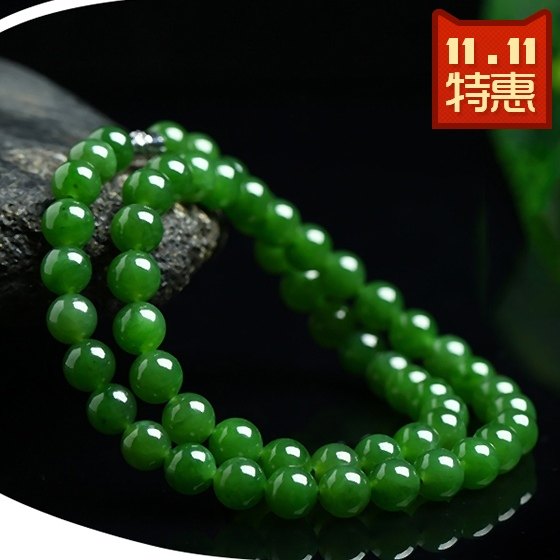天然玉石和田碧玉圆珠项链昆仑玉项坠圆珠玉链子菠菜绿碧玉男女款