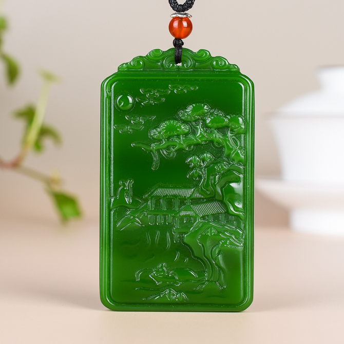 天然新疆和田玉山水牌吊坠男士菠菜绿碧玉无事牌挂件平安牌项链坠