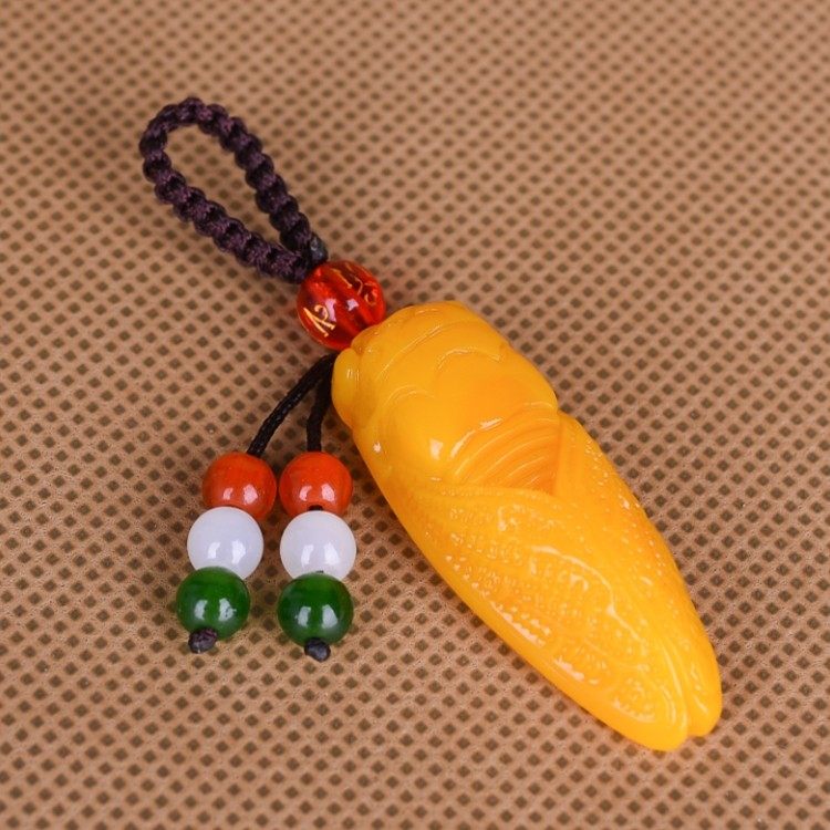 天然和田玉黄玉知了钥匙扣挂坠一鸣惊人玉蝉车钥匙挂件吊坠男女款