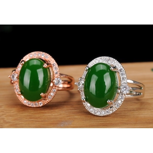 和田玉碧玉戒指女款 925纯银开口玉指环镶嵌宝石戒指饰品