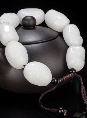 天然新疆和田玉白玉籽料八仙手链男女款羊脂玉精雕玉石八仙手串